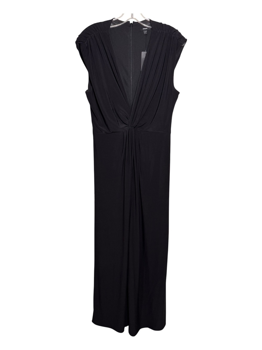 NWT Express Women’s Black Solid V-Neck Wide-Leg Jumpsuit Sleeveless Zip Ruched M